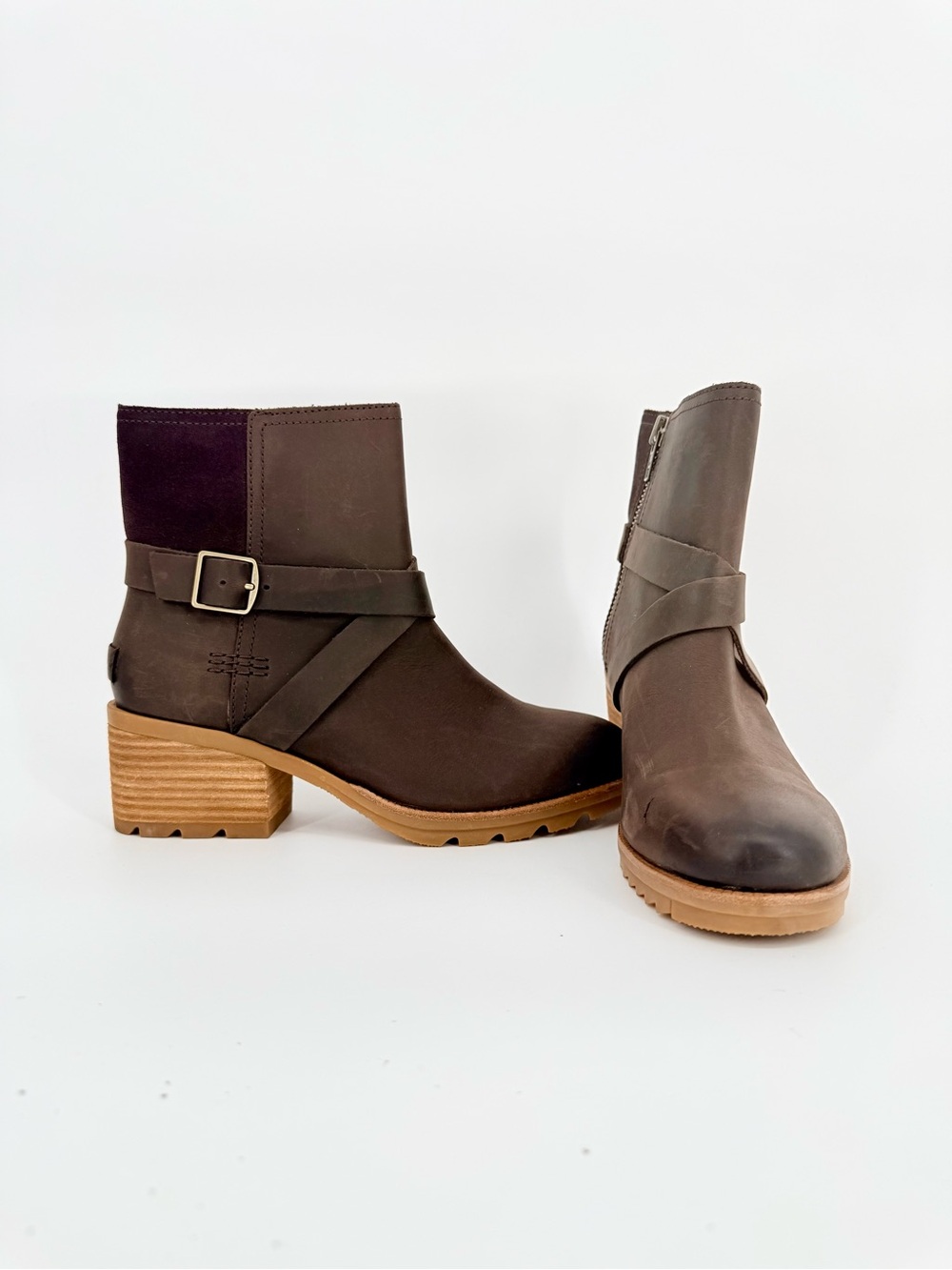 SOREL Cate Buckle Brown Leather Ankle Boots Gorpcore Rustic Moto Granola 8.5 - Picture 3 of 14